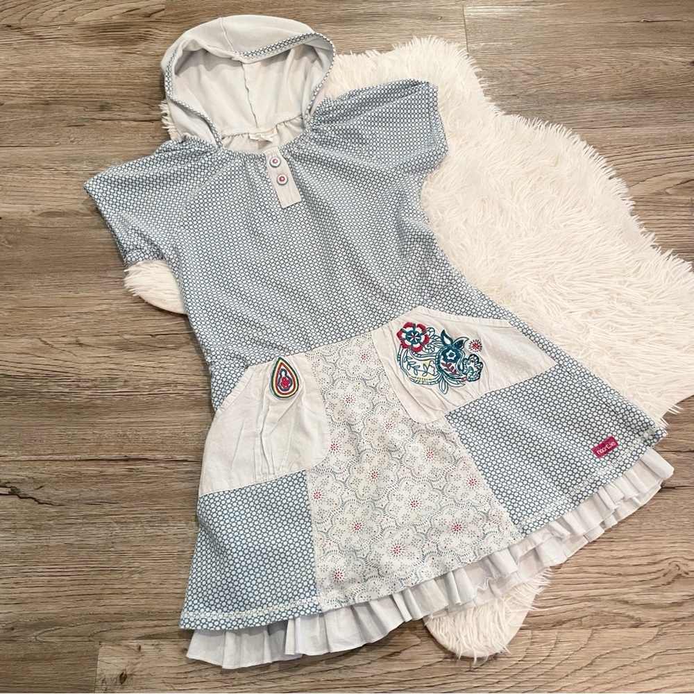 Naartjie Kids Girls Hooded Dress Blue Patchwork Embroidered Boho Ruffle 10Y